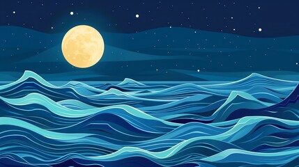 Moonlight ocean waves illustration flat design top view maritime theme water color vivid.