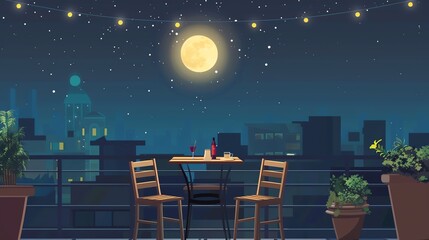 Moonlight rooftop dinner flat design top view elegant dining theme animation vivid.