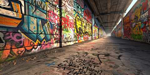 Fototapeta premium Urban Canvas: A sweeping panorama of graffiti-covered concrete walls, showcasing the colorful and ever-evolving artwork that adorns the city's alleyways and underpasses