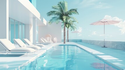 Fototapeta premium Sunbathing at the pool flat design side view relaxation theme 3D render Monochromatic Color Scheme.