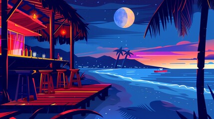 Beach bar evening flat design side view nightlife theme cartoon drawing Triadic Color Scheme.