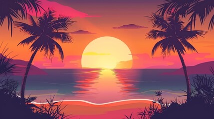Fototapeta na wymiar Beach sunset panorama flat design top view romantic evening theme animation vivid.