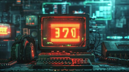 Obraz premium A computer desk with a neon sign that says 15:37