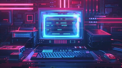 Obraz premium A computer desk with a neon sign that says 15:37