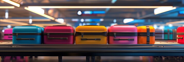 A vibrant image of various colored suitcases on the moving conveyor belt in an airport terminal