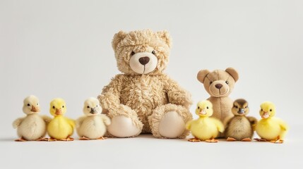 Adorable teddy bears and ducklings bring smiles against a white backdrop