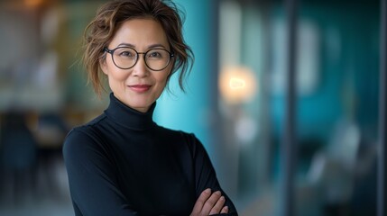 Confident Asian businesswoman in casual attire standing in a modern office setting during the evening.