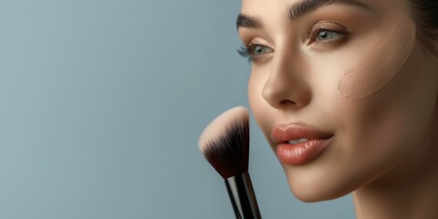 A young woman delicately applies powder to her face with a makeup brush, symbolizing beauty rituals and care - Powered by Adobe