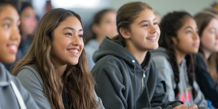 A diverse group of schoolgirls are smiling in a classroom setting, suggesting happiness and friendship among students