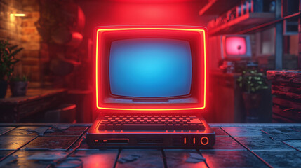 Retro-style computer with neon lights in a vintage room setting at night.
