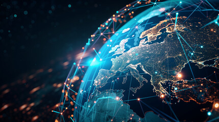 Europe-Centric Internet Map: Global Connections, Fast Data Transfer, Cyber Tech, Info Swaps, International Comm. "Europe-Centric Digital Earth Map: Exploring Worldwide Connections, Fast Data Sharing,