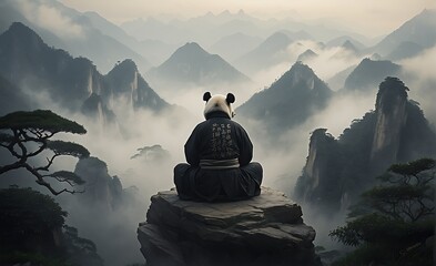 Panda in kimono sitting on a rock in front of foggy forest and meditating.