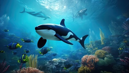 Fototapeta premium The Orcinus Orca in the ocean, portrait of Orca hunting prey in the underwater