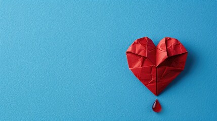 A symbolic blood drop and a heart crafted from paper stand out against a serene blue backdrop embodying the essence of World Blood Donor Day and the noble idea of saving lives
