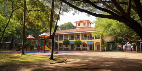 An idyllic educational building with a red-tiled roof playground surrounded by trees, offering a peaceful academic setting