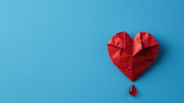 A symbolic blood drop and a heart crafted from paper stand out against a serene blue backdrop embodying the essence of World Blood Donor Day and the noble idea of saving lives
