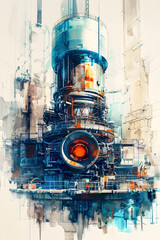 Meticulous Reactor Design Optimization: Visualizing the Intricacies of the Nuclear Fuel Cycle in Captivating Watercolor - obrazy, fototapety, plakaty
