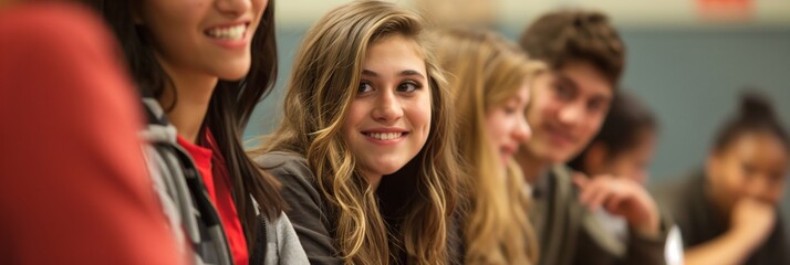 A diverse group of students smile together, enjoying their educational journey in a classroom setting