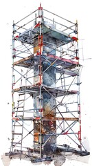 Meticulously Constructed Watercolor of Secure Scaffolding,Expert Piling,and Precise Asphalt Paving in Cinematic Photographic Style - obrazy, fototapety, plakaty