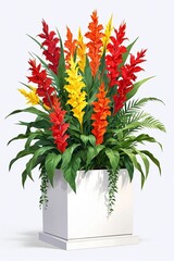 a white wooden planter box overflowing with cascading canna flowers, creating a lush and vibrant display - obrazy, fototapety, plakaty