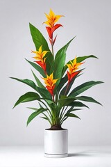 a potted canna plant positioned on a white surface, with lush green foliage and tall flower spikes - obrazy, fototapety, plakaty