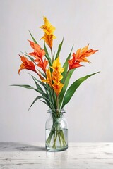 a bouquet of freshly cut canna flowers arranged in a clear glass vase on a white tabletop - obrazy, fototapety, plakaty