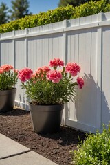 a sunny outdoor garden with a cluster of potted carnation plants - obrazy, fototapety, plakaty