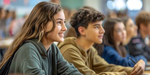 Fototapeta premium Two young students are attentively smiling, seated among peers in a classroom