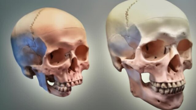 Two anatomical skulls are positioned side by side against a neutral background, offering a comparative view of their structure. 