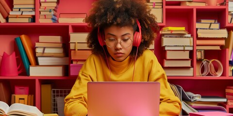 A concentrated young student wears headphones while working on a laptop amid colorful surroundings