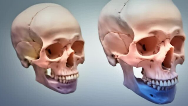Two anatomical skulls are positioned side by side against a neutral background, offering a comparative view of their structure. 