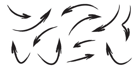 Set of black hand drawn grunge doodle spiral and curved charcoal, chalk arrows on white background. Scribble symbols of direction pointers, swirl arrow elements for infographic design in eps 10.