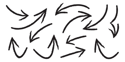 Set of black hand drawn grunge doodle spiral and curved charcoal, chalk arrows on white background. Scribble symbols of direction pointers, swirl arrow elements for infographic design in eps 10.