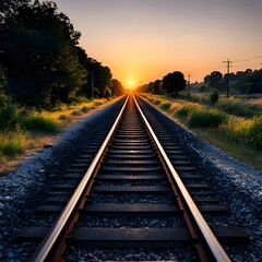 Fototapeta premium A train track in the sunset. Generative ai