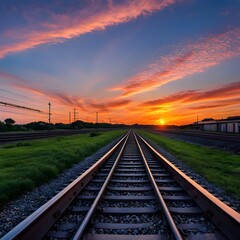 Fototapeta premium A train track in the sunset. Generative ai