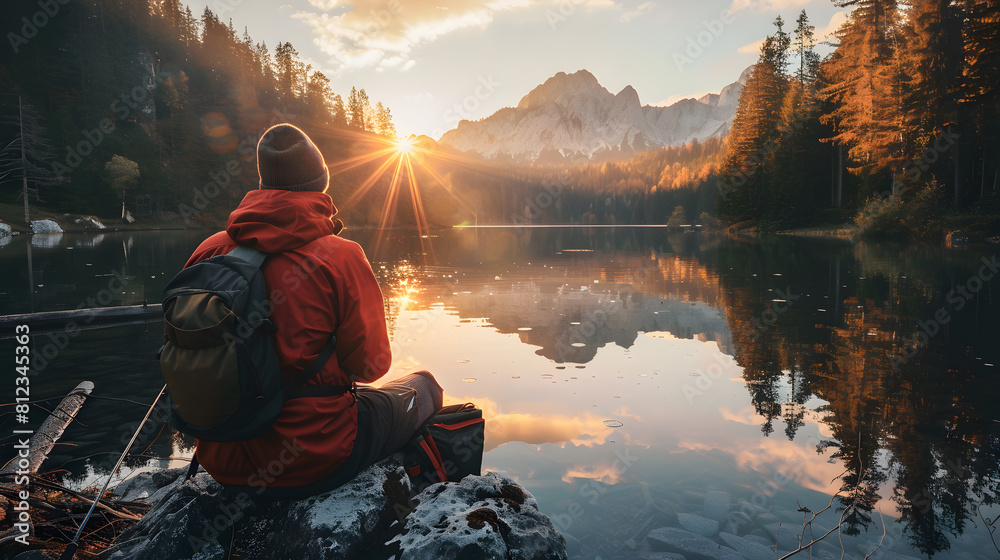 Wall mural a man with a backpack sits on the shore of a mountain lake and admires the sunrise.