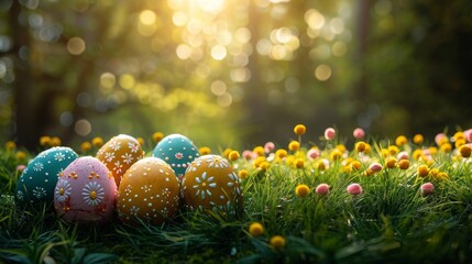 Colorful Handcrafted Easter Eggs on Grass