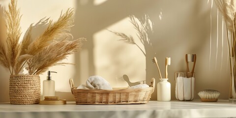 A collection of bathroom accessories made from natural materials creating a sustainable and stylish space