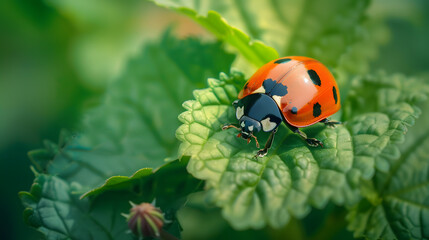 Obraz premium ladybug on a green leaf in the garden. macro photo