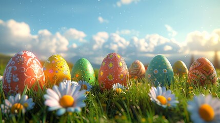 Colorful Easter Eggs in Sunny Meadow