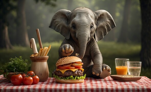 Funny elephant with hamburger and fries in the forest.
