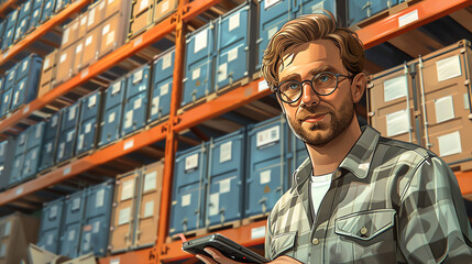 A young man wearing glasses and a plaid shirt is standing in a warehouse. He is looking at a handheld device. There are shelves of boxes behind him.