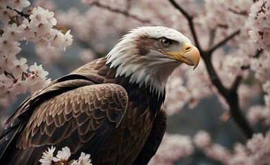 Bald Eagle perched on a branch of cherry blossoms