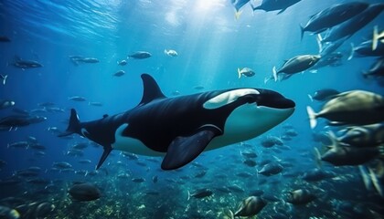Obraz premium The Orcinus Orca in the ocean, portrait of Orca hunting prey in the underwater