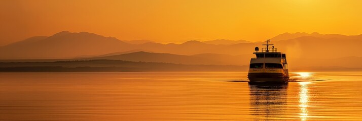 Breathtaking view of a boat sailing on calm waters during a golden sunset with mountains in the background