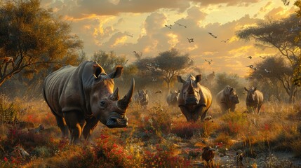 A herd of rhinos are running through a field with birds flying overhead and about Rhino Conservation