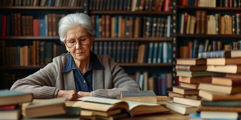 Elderly woman deeply engrossed in a book amidst a vast collection in a library