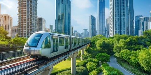 Naklejka premium A modern monorail train gliding on a track with skyscrapers and lush trees in an urban environment