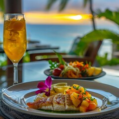 Chef pairing flounder with exotic fruit juices at a tropical resort refreshing and colorful
