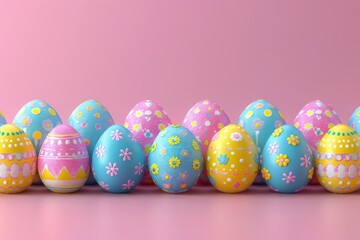 Fototapeta premium Colorful Decorated Easter Eggs on Pink Background
